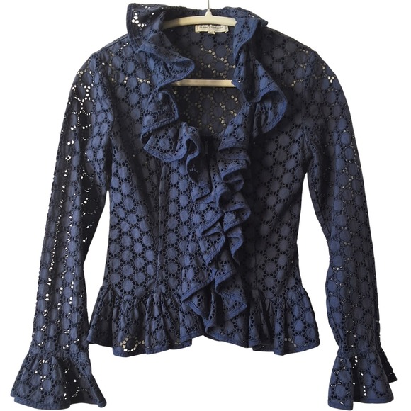 Anne Fontaine 38 Eyelet Lace Ruffle Zip Peplum Blouse Victorian Boho Luxury Rare